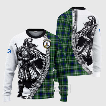 Haliburton Tartan Clan Crest Knitted Sweater with Highlander Warrior Celtic Style Unisex - Tartan Vibes Clothing