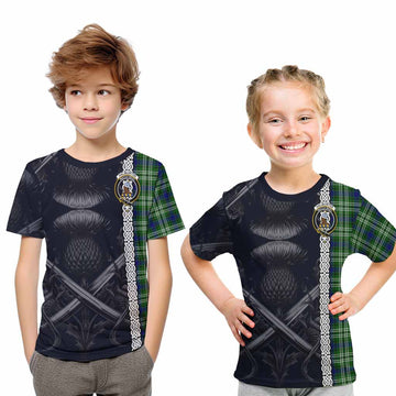 Tartan Vibes Clothing Haliburton Tartan Kid T-Shirt with Family Crest Cross Sword Thistle Celtic Vibes