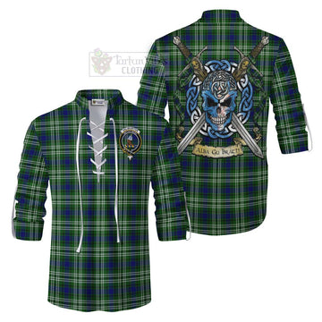 Haliburton Tartan Ghillie Kilt Shirt with Family Crest Celtic Skull Style Men - Tartan Vibes Clothing