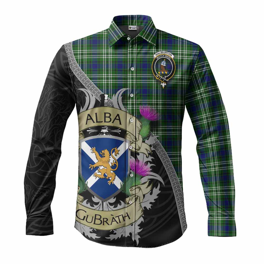 Haliburton Tartan Family Crest Long Sleeve Button Shirt Lion Rampant Royal Thistle Shield Celtic Inspired Men's Shirt S - Tartan Vibes Clothing