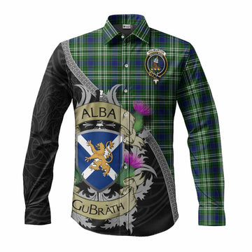 Haliburton Tartan Family Crest Long Sleeve Button Shirt Lion Rampant Royal Thistle Shield Celtic Inspired Men's Shirt S - Tartan Vibes Clothing