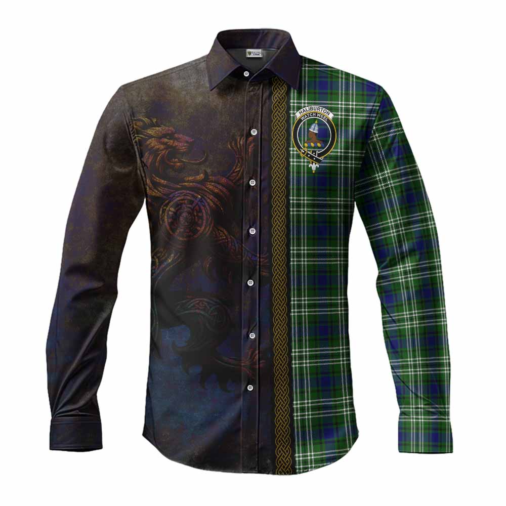 Tartan Vibes Clothing Haliburton Tartan Family Crest Long Sleeve Button Shirt Alba Gu Brath Be Brave Lion Ancient Style