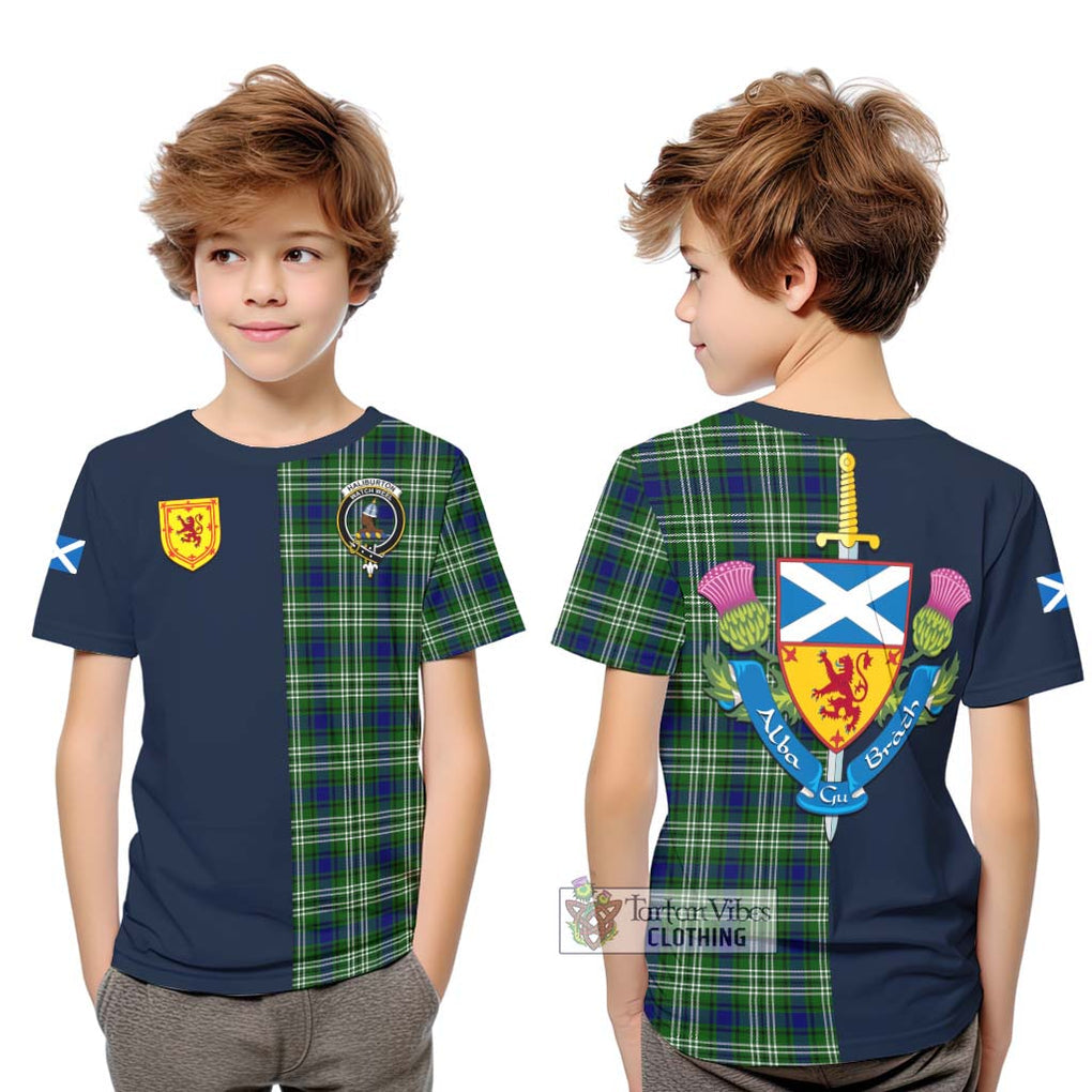 Haliburton Tartan Kid T-Shirt Alba with Scottish Lion Royal Arm Half Style Youth XL Size14 - Tartan Vibes Clothing