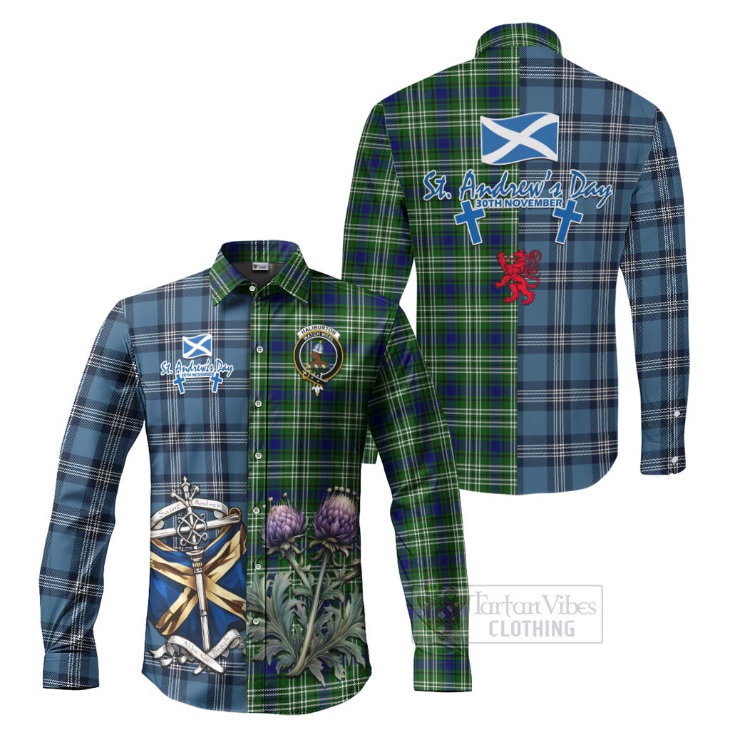 Haliburton Tartan Long Sleeve Button Shirt Happy St. Andrew's Day Half Tartan Style Men's Shirt S - Tartan Vibes Clothing