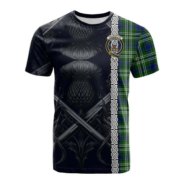 Tartan Vibes Clothing Haliburton Tartan Cotton T-shirt with Family Crest Cross Sword Thistle Celtic Vibes