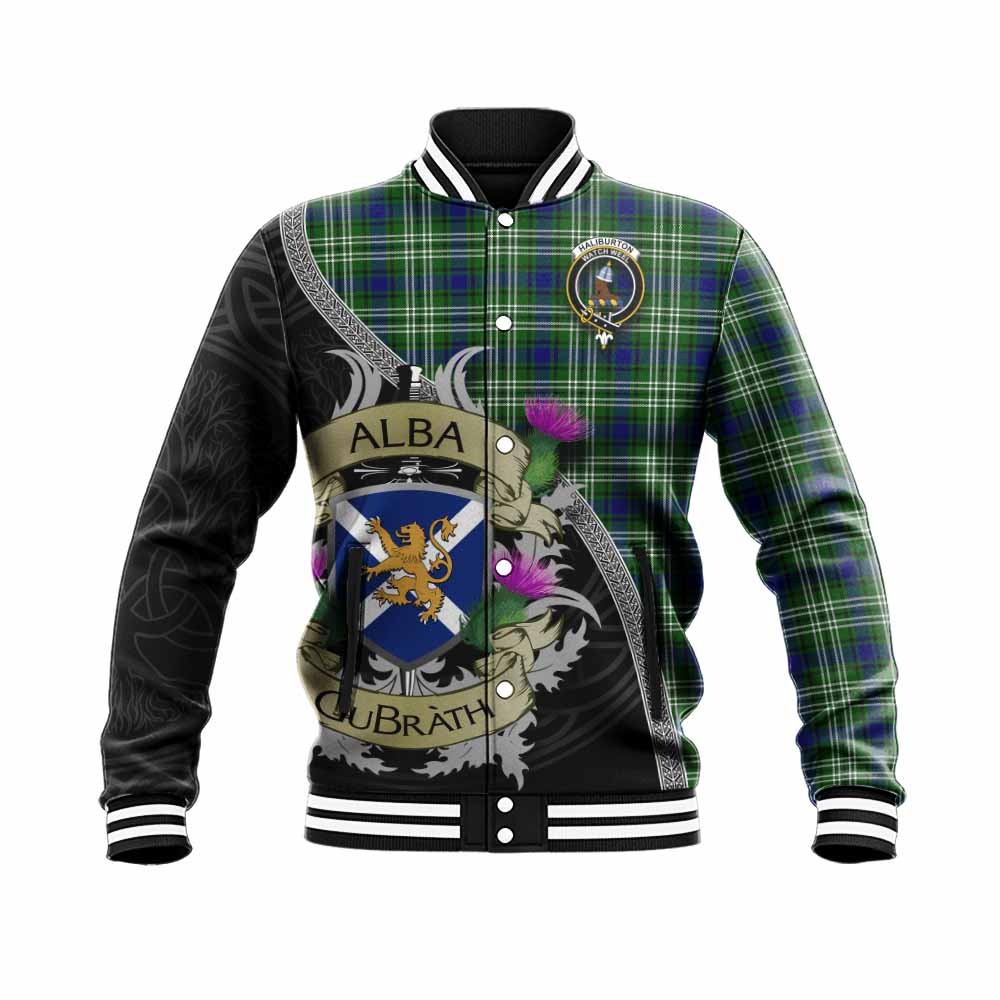 Haliburton Tartan Family Crest Baseball Jacket Lion Rampant Royal Thistle Shield Celtic Inspired Unisex - Tartan Vibes Clothing
