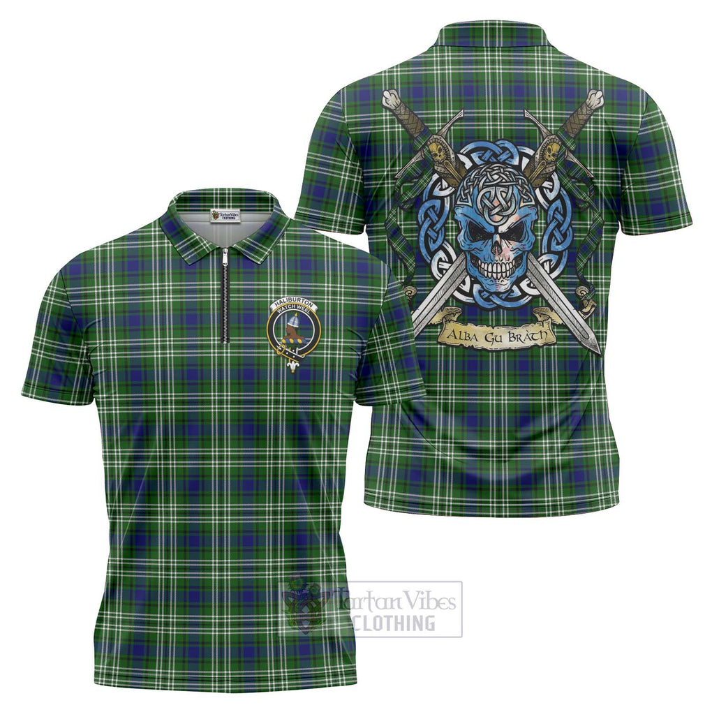 Haliburton Tartan Zipper Polo Shirt with Family Crest Celtic Skull Style Unisex - Tartan Vibes Clothing