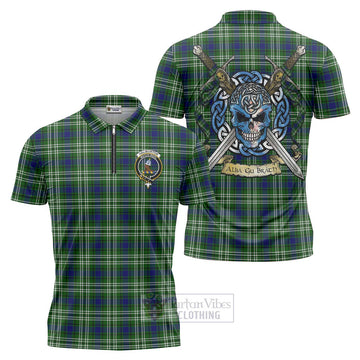 Haliburton Tartan Zipper Polo Shirt with Family Crest Celtic Skull Style Unisex - Tartan Vibes Clothing