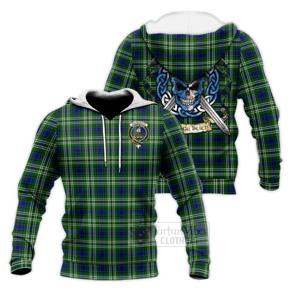 Haliburton Tartan Knitted Hoodie with Family Crest Celtic Skull Style Unisex Knitted Pullover Hoodie - Tartan Vibes Clothing