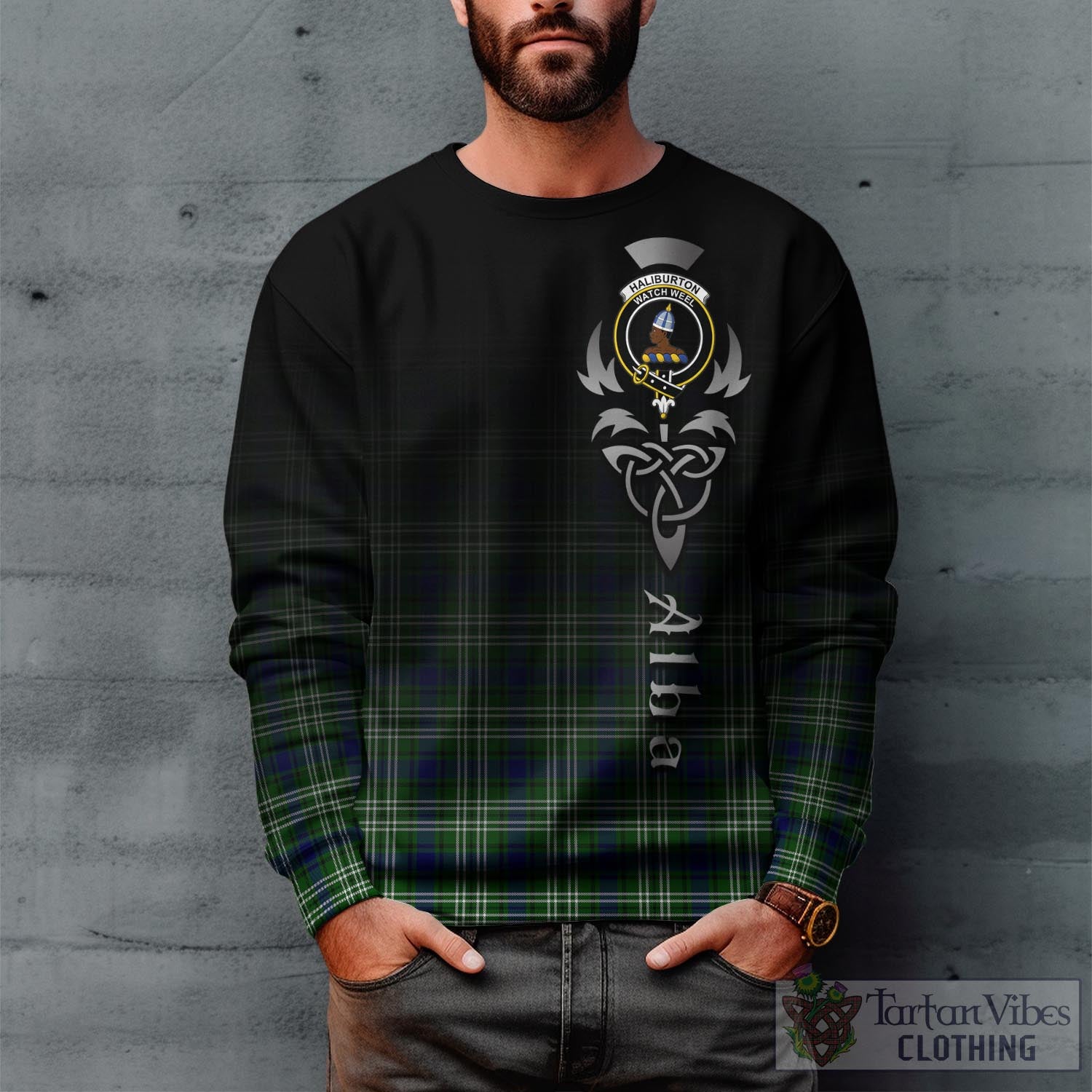 Haliburton Tartan Sweatshirt Featuring Alba Gu Brath Family Crest Celtic Inspired Unisex - Tartan Vibes Clothing