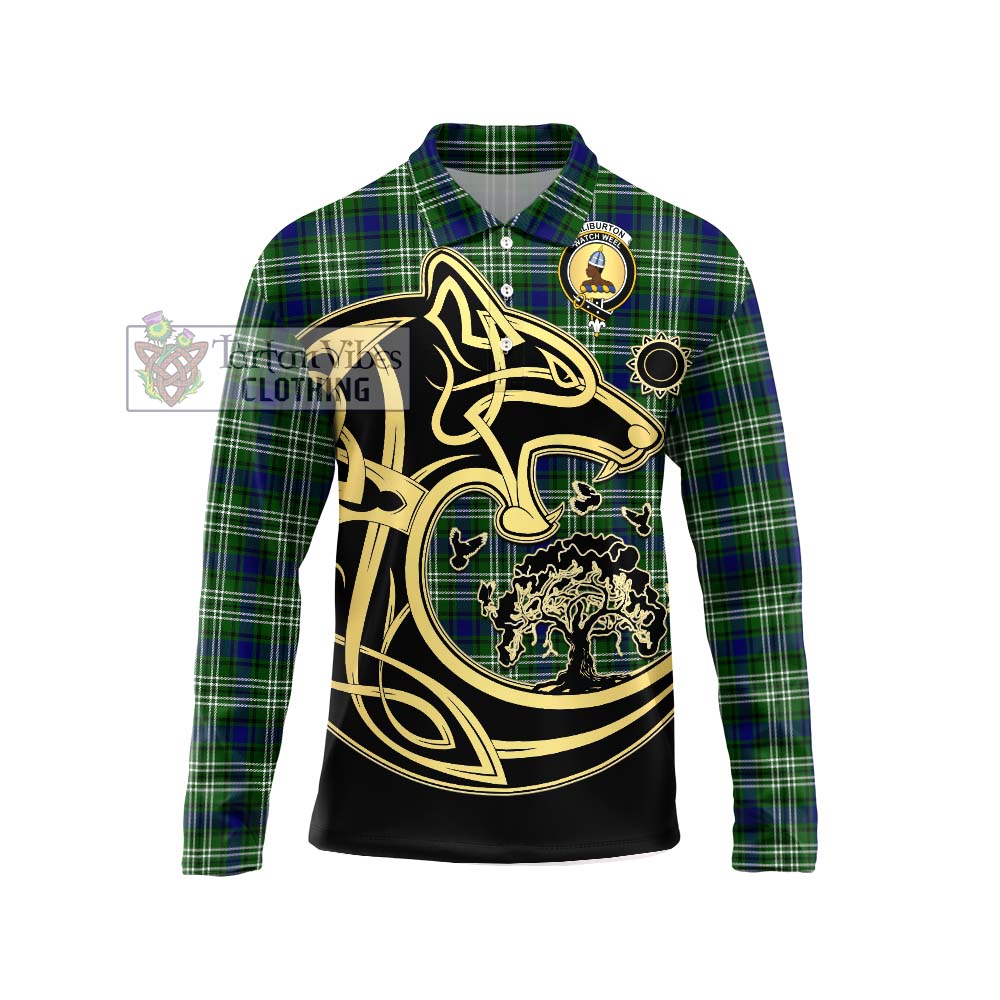 Haliburton Tartan Long Sleeve Polo Shirt with Family Crest Celtic Wolf Style Unisex - Tartan Vibes Clothing