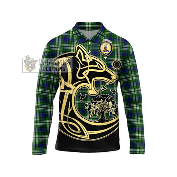 Haliburton Tartan Long Sleeve Polo Shirt with Family Crest Celtic Wolf Style Unisex - Tartan Vibes Clothing