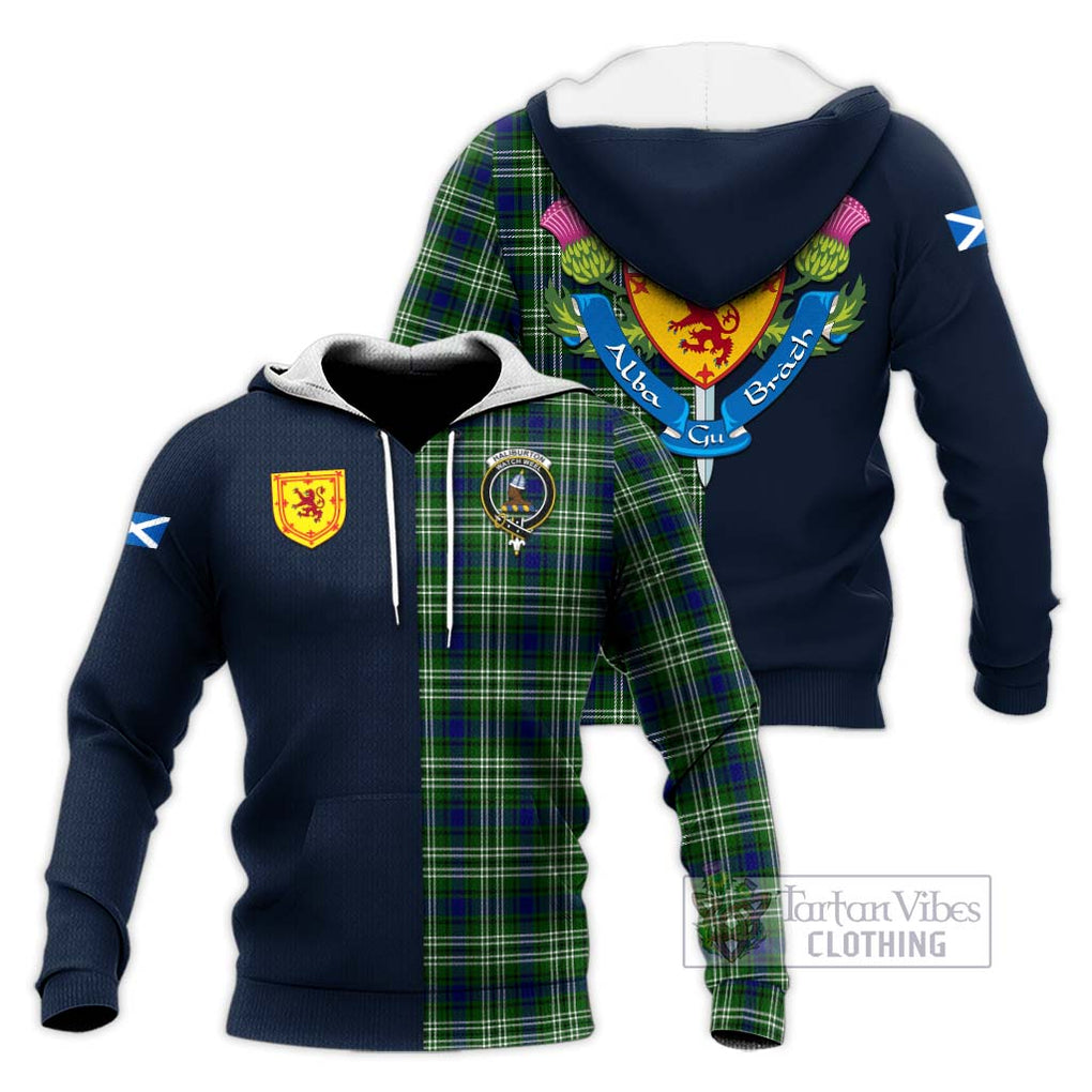 Haliburton Tartan Knitted Hoodie Alba with Scottish Lion Royal Arm Half Style Unisex Knitted Pullover Hoodie - Tartan Vibes Clothing