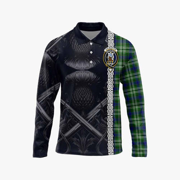 Haliburton Tartan Long Sleeve Polo Shirt with Family Crest Cross Sword Thistle Celtic Vibes Unisex - Tartan Vibes Clothing