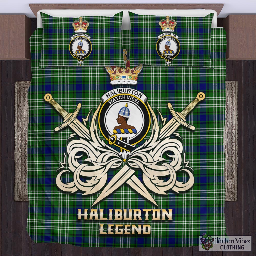 Tartan Vibes Clothing Haliburton Tartan Bedding Set with Clan Crest and the Golden Sword of Courageous Legacy