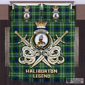 Tartan Vibes Clothing Haliburton Tartan Bedding Set with Clan Crest and the Golden Sword of Courageous Legacy