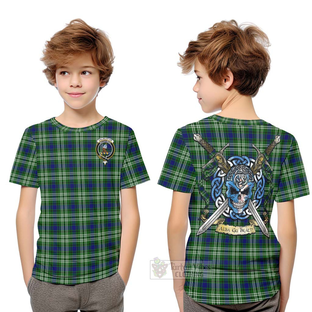 Haliburton Tartan Kid T-Shirt with Family Crest Celtic Skull Style Youth XL Size14 - Tartan Vibes Clothing