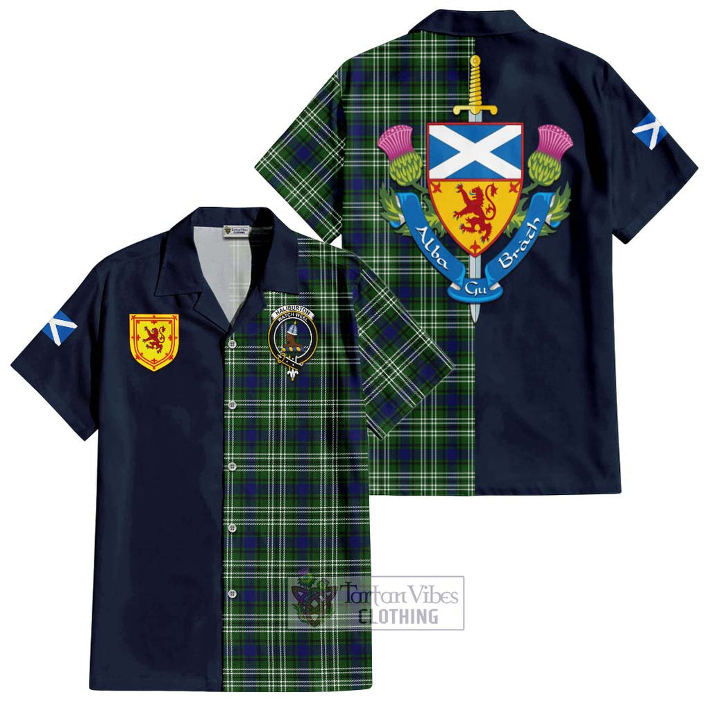 Haliburton Tartan Hawaiian Shirt Alba with Scottish Lion Royal Arm Half Style Kid - Tartan Vibes Clothing