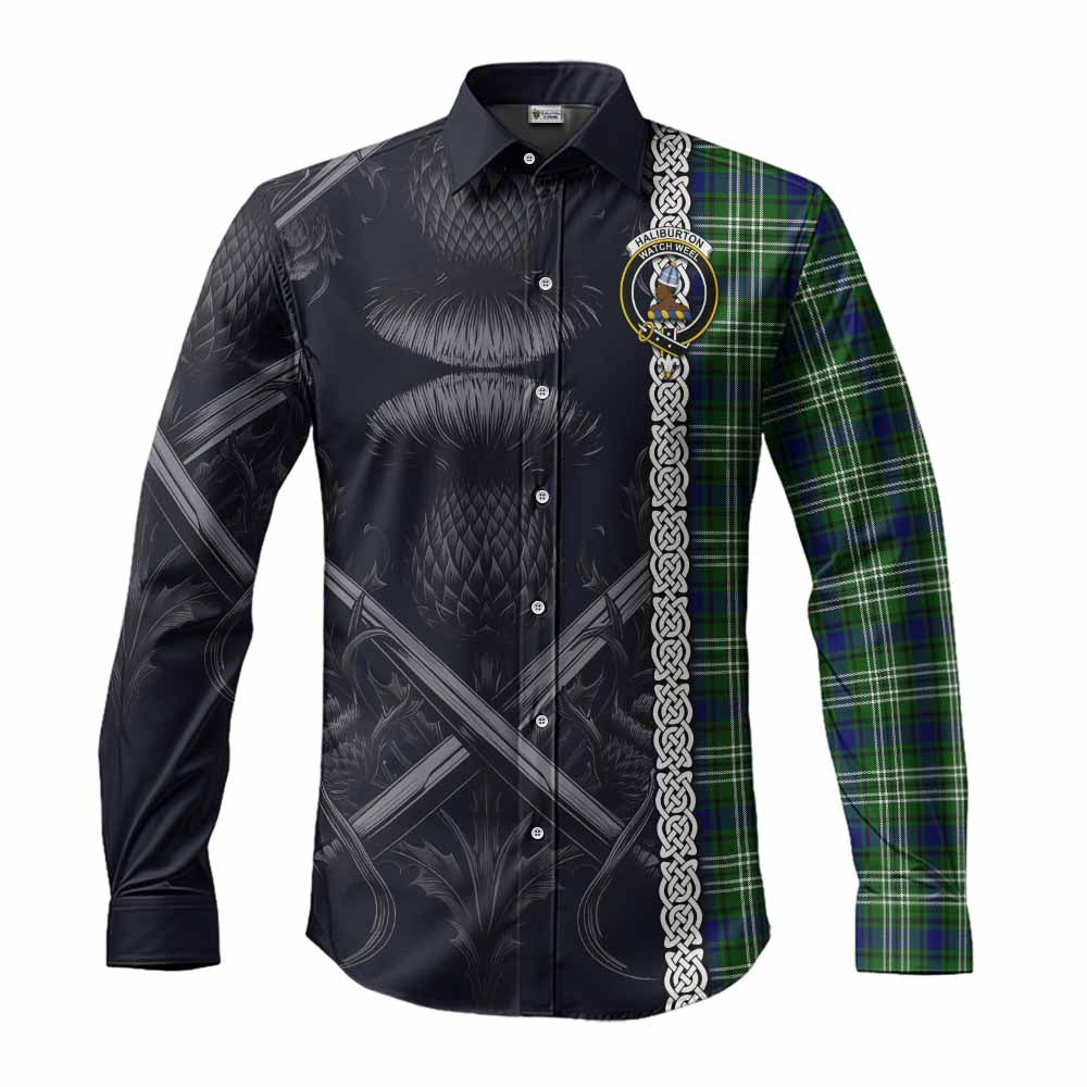 Tartan Vibes Clothing Haliburton Tartan Long Sleeve Button Shirt with Family Crest Cross Sword Thistle Celtic Vibes