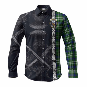 Tartan Vibes Clothing Haliburton Tartan Long Sleeve Button Shirt with Family Crest Cross Sword Thistle Celtic Vibes