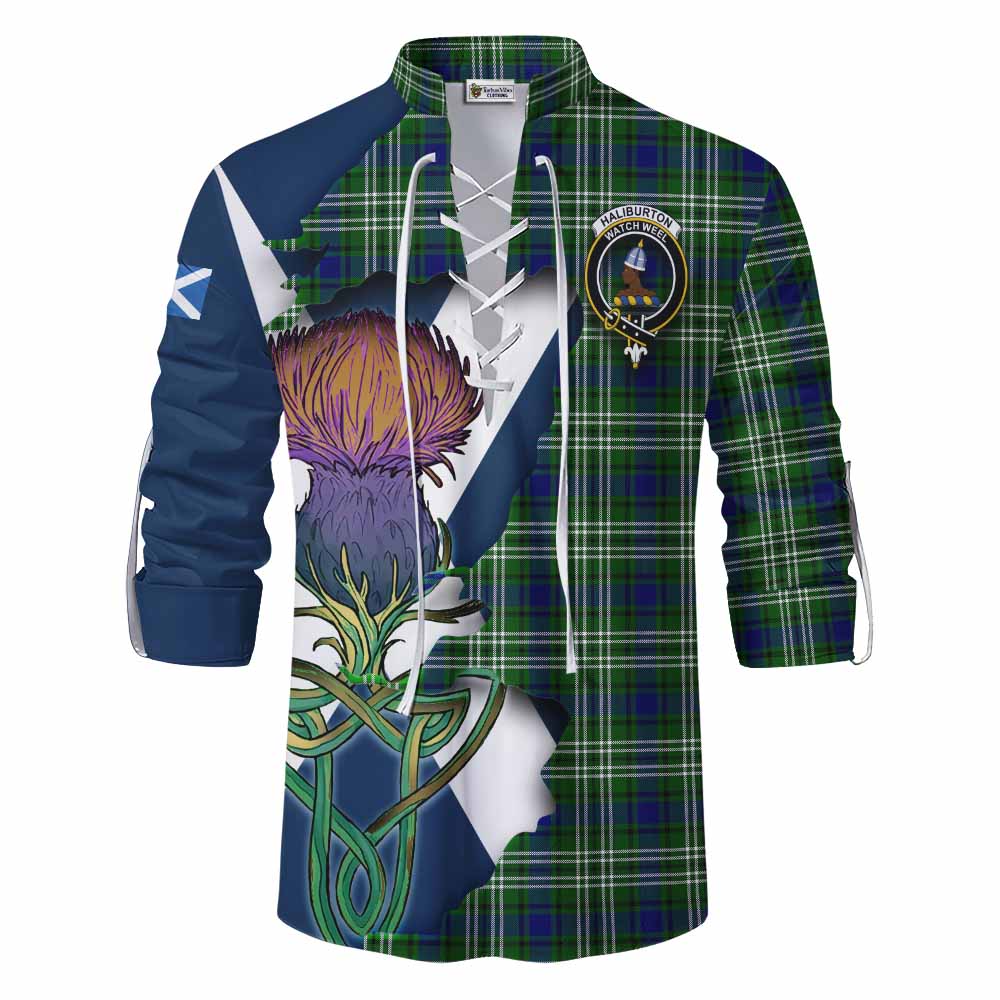 Haliburton Tartan Family Crest Ghillie Kilt Shirt Scottish Thistle Celtic Inspired Men - Tartan Vibes Clothing