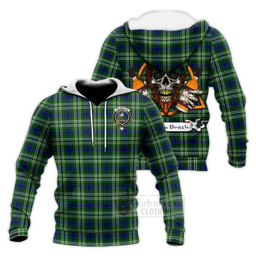 Haliburton Tartan Knitted Hoodie with Family Crest and Bearded Skull Holding Bottles of Whiskey Unisex Knitted Pullover Hoodie - Tartan Vibes Clothing