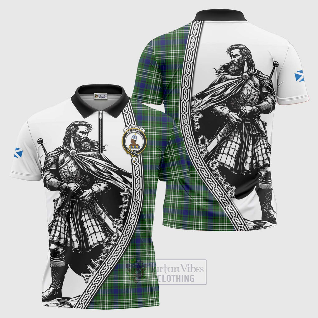 Haliburton Tartan Clan Crest Zipper Polo Shirt with Highlander Warrior Celtic Style Unisex - Tartan Vibes Clothing