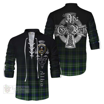 Haliburton Tartan Ghillie Kilt Shirt Featuring Alba Gu Brath Family Crest Celtic Inspired Men - Tartan Vibes Clothing