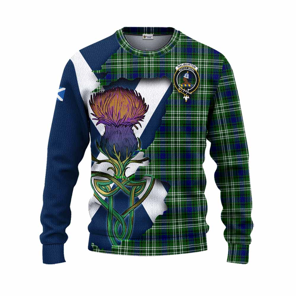 Haliburton Tartan Family Crest Knitted Sweater Scottish Thistle Celtic Inspired Unisex - Tartan Vibes Clothing