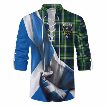 Haliburton Tartan Ghillie Kilt Shirt with Family Crest Scotland Patriotic Style Men - Tartan Vibes Clothing