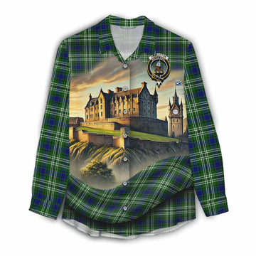 Haliburton Tartan Family Crest Women's Casual Shirt with Scottish Ancient Castle Style Female - Tartan Vibes Clothing