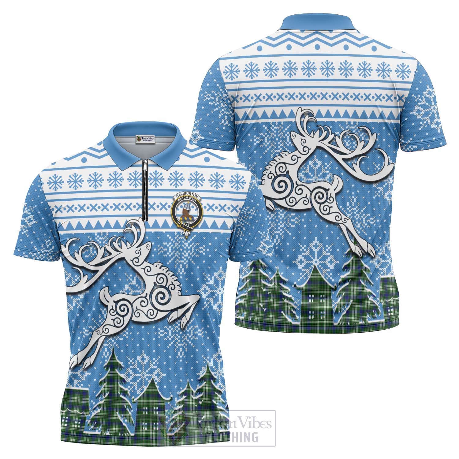 Haliburton Clan Christmas Zipper Polo Shirt Celtic Reindeer Style Unisex - Tartan Vibes Clothing