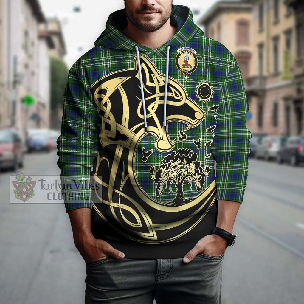 Haliburton Tartan Hoodie with Family Crest Celtic Wolf Style Zip Hoodie - Tartan Vibes Clothing