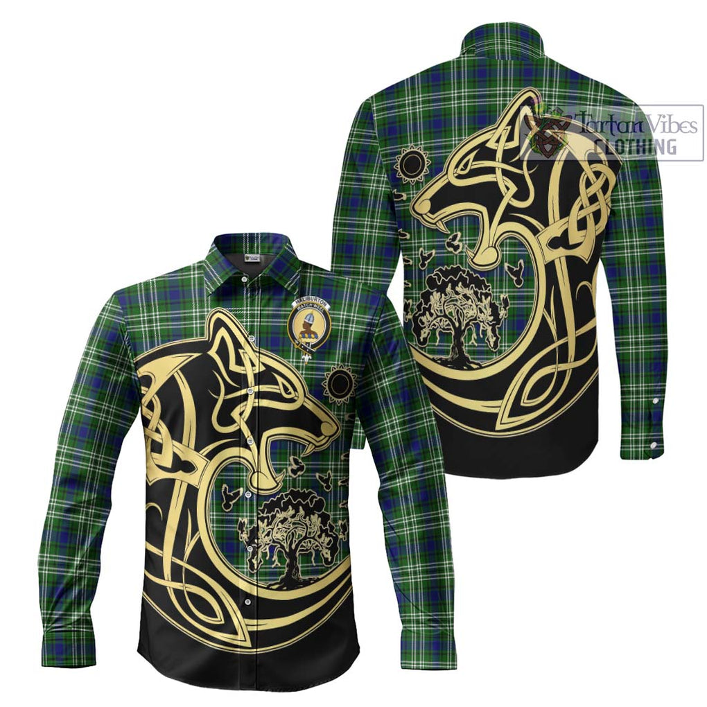 Haliburton Tartan Long Sleeve Button Shirt with Family Crest Celtic Wolf Style Men's Shirt S - Tartan Vibes Clothing