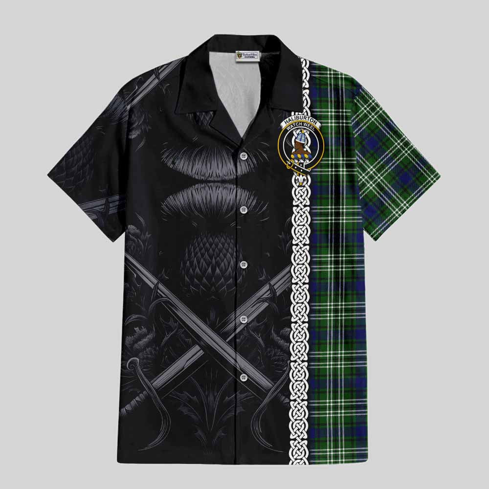 Haliburton Tartan Hawaiian Shirt with Family Crest Cross Sword Thistle Celtic Vibes Kid - Tartan Vibes Clothing