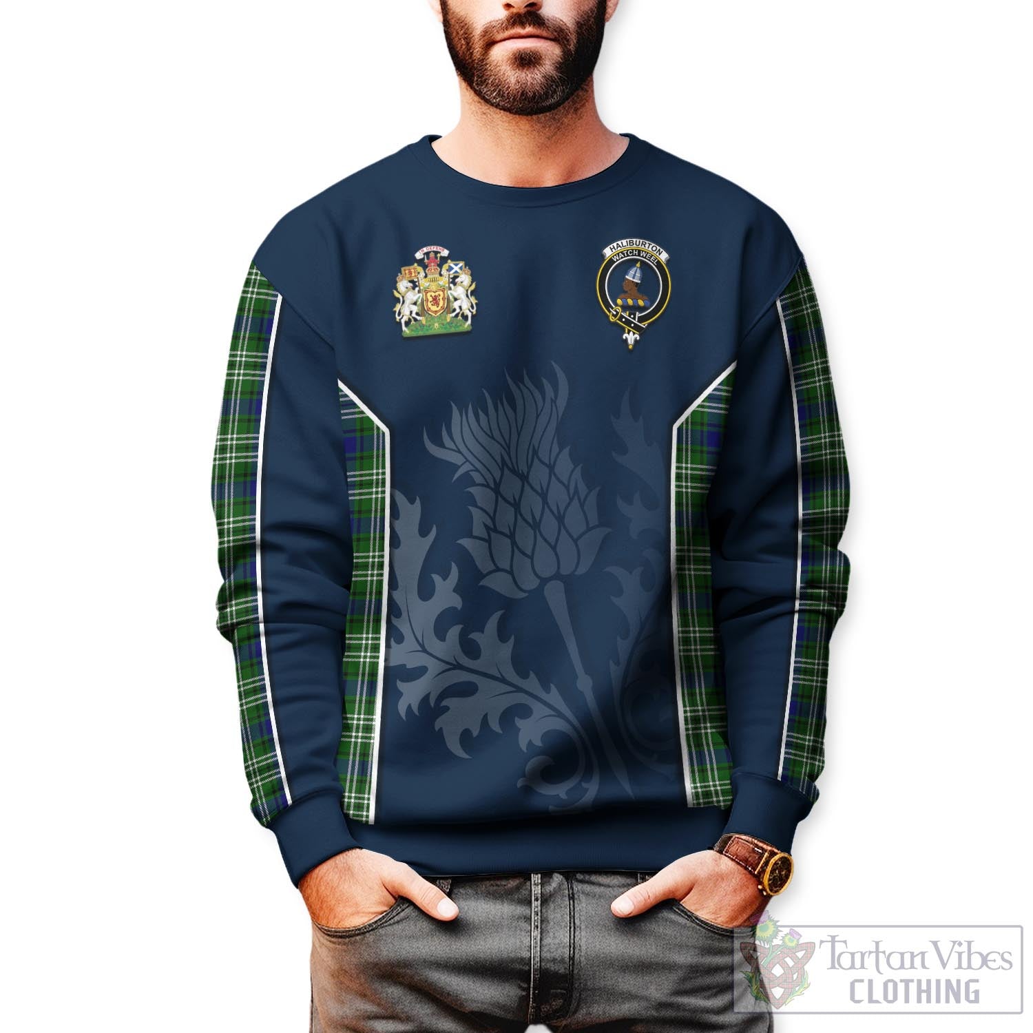 Haliburton Tartan Sweatshirt with Family Crest and Scottish Thistle Vibes Sport Style Unisex - Tartan Vibes Clothing