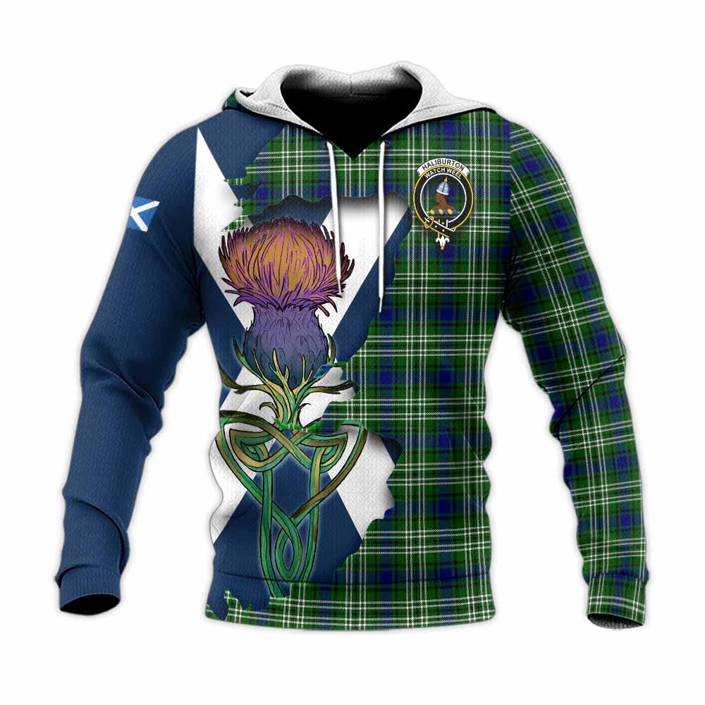Haliburton Tartan Family Crest Knitted Hoodie Scottish Thistle Celtic Inspired Unisex Knitted Pullover Hoodie - Tartan Vibes Clothing