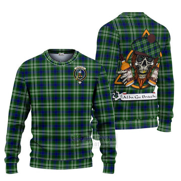 Haliburton Tartan Ugly Sweater with Family Crest and Bearded Skull Holding Bottles of Whiskey Unisex - Tartan Vibes Clothing