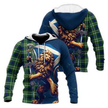 Haliburton Tartan Family Crest Knitted Hoodie with Scottish Majestic Lion Unisex Knitted Pullover Hoodie - Tartan Vibes Clothing