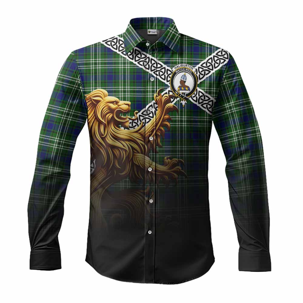 Haliburton Crest Tartan Long Sleeve Button Shirt with Golden Lion Emblem Celtic Style Men's Shirt S - Tartan Vibes Clothing