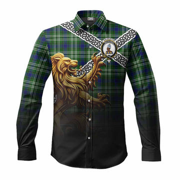 Haliburton Crest Tartan Long Sleeve Button Shirt with Golden Lion Emblem Celtic Style Men's Shirt S - Tartan Vibes Clothing