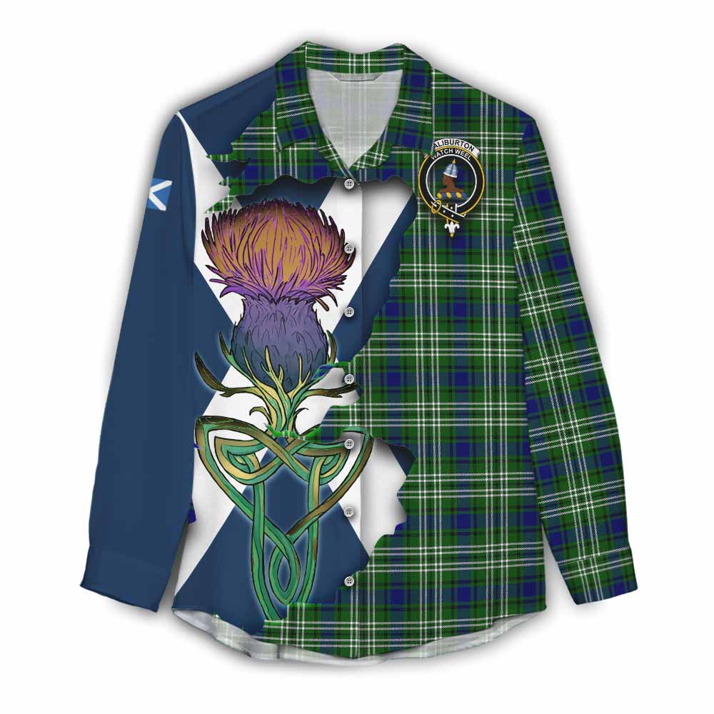 Haliburton Tartan Family Crest Women's Casual Shirt Scottish Thistle Celtic Inspired Female - Tartan Vibes Clothing