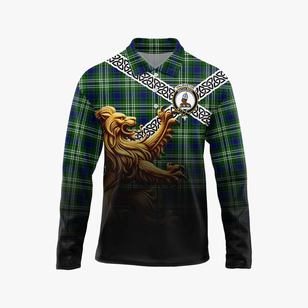 Haliburton Crest Tartan Long Sleeve Polo Shirt with Golden Lion Emblem Celtic Style Unisex - Tartan Vibes Clothing