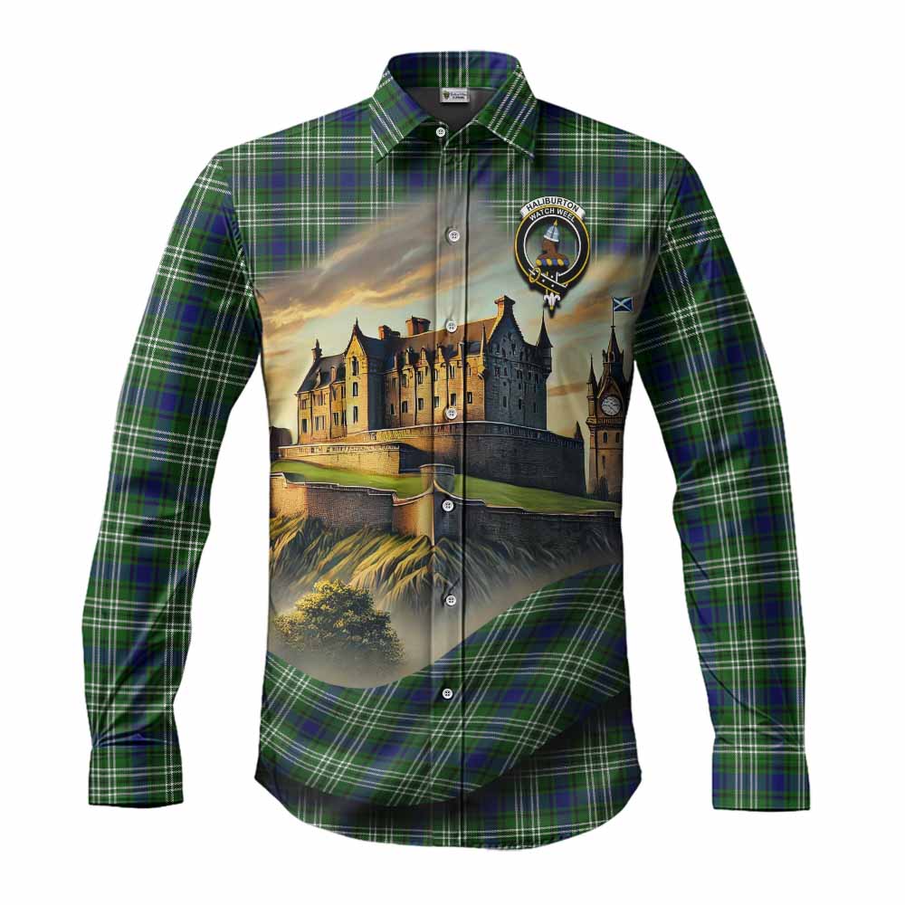 Tartan Vibes Clothing Haliburton Tartan Family Crest Long Sleeve Button Shirt with Scottish Ancient Castle Style