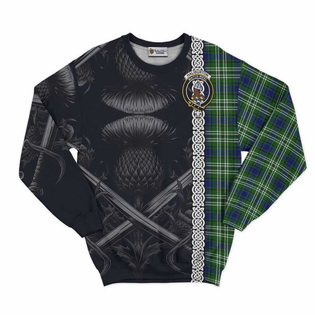 Haliburton Tartan Sweatshirt with Family Crest Cross Sword Thistle Celtic Vibes Unisex - Tartan Vibes Clothing