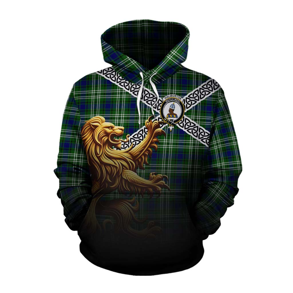 Haliburton Crest Tartan Cotton Hoodie with Golden Lion Emblem Celtic Style Pullover Hoodie XS - Tartan Vibes Clothing