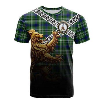 Tartan Vibes Clothing Haliburton Crest Tartan Cotton T-shirt with Golden Lion Emblem Celtic Style