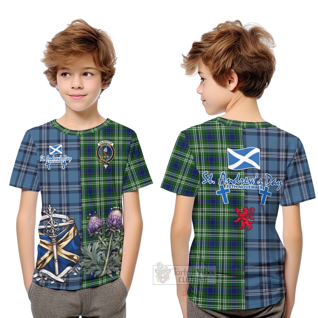 Haliburton Tartan Kid T-Shirt Happy St. Andrew's Day Half Tartan Style Youth XL Size14 - Tartan Vibes Clothing
