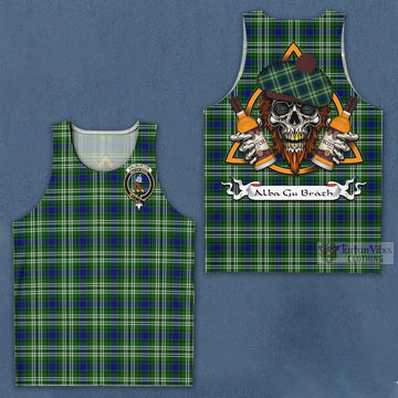 Haliburton Tartan Men's Tank Top with Family Crest and Bearded Skull Holding Bottles of Whiskey Men - Tartan Vibes Clothing