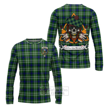 Haliburton Tartan Long Sleeve T-Shirt with Family Crest and Bearded Skull Holding Bottles of Whiskey Unisex - Tartan Vibes Clothing